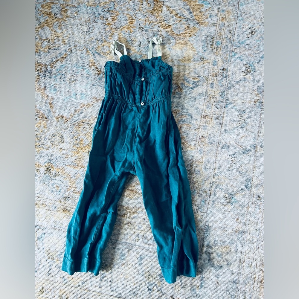 Zara Teal Blue Linen Jumpsuit with Cream Straps